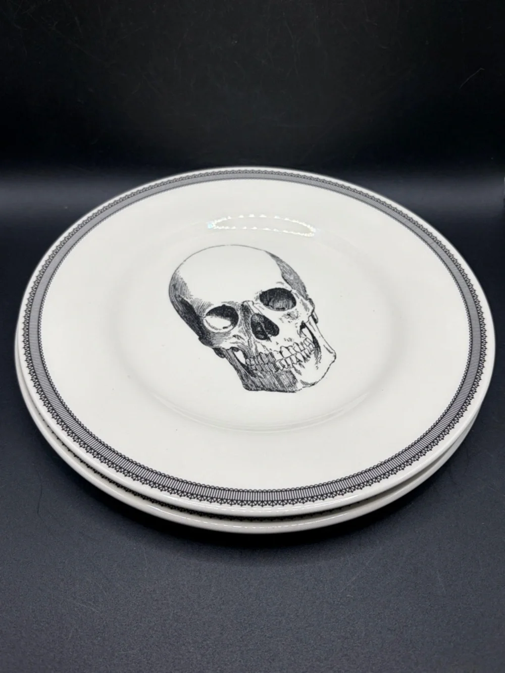 Pair Royal Stafford English Pottery Skull Plates, Skeleton Dishes Goth Tableware